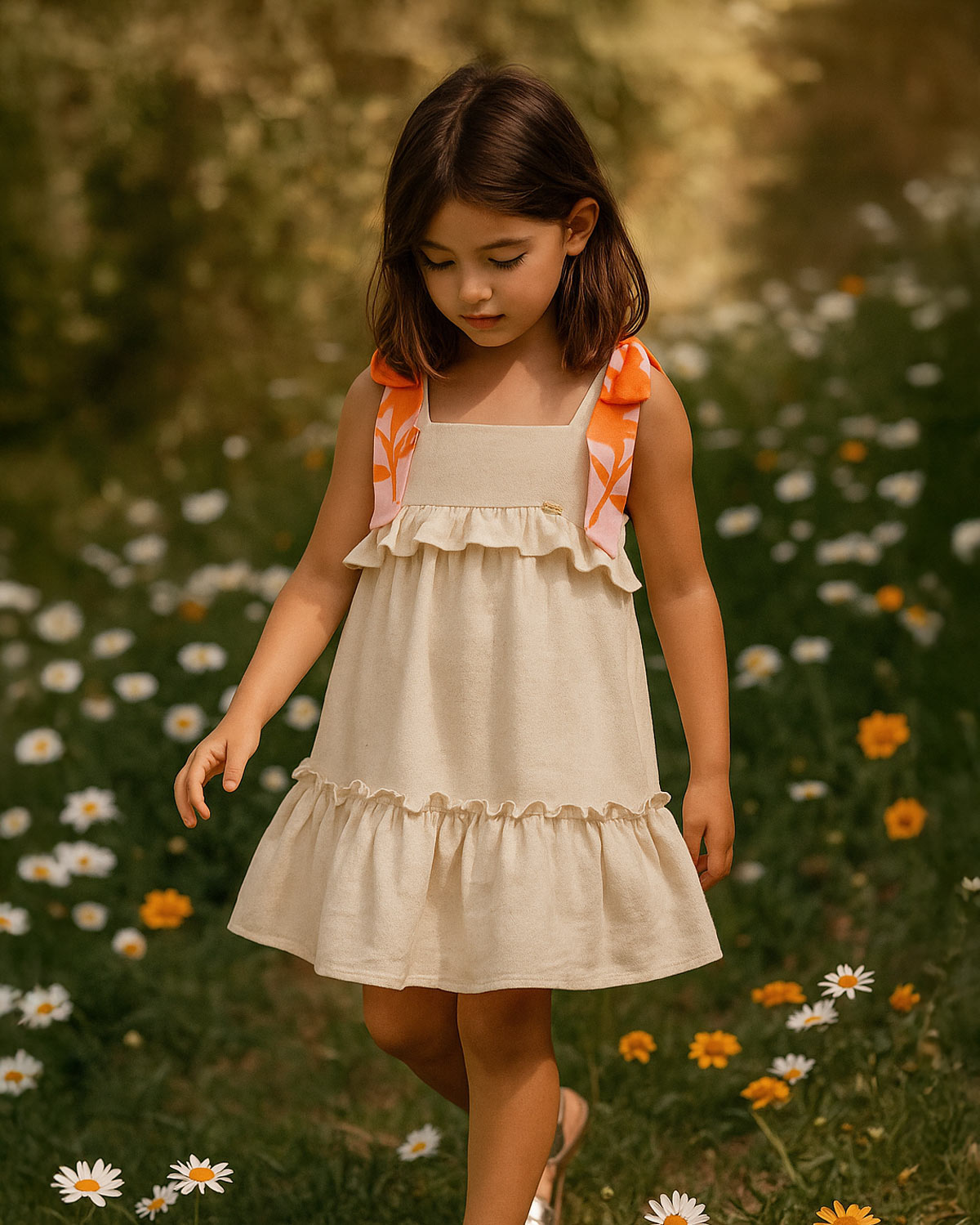 Vestido en lino de tiras con moños y boleros para niña