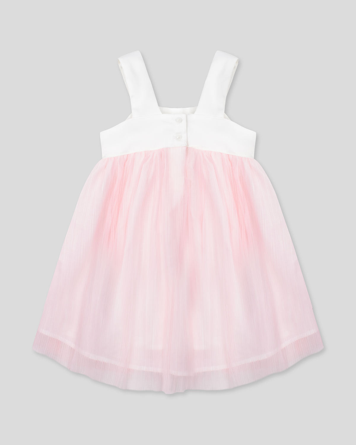 Vestido en satín blanco con moño y tull plisado rosa para niña