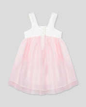 Vestido en satín blanco con moño y tull plisado rosa para niña
