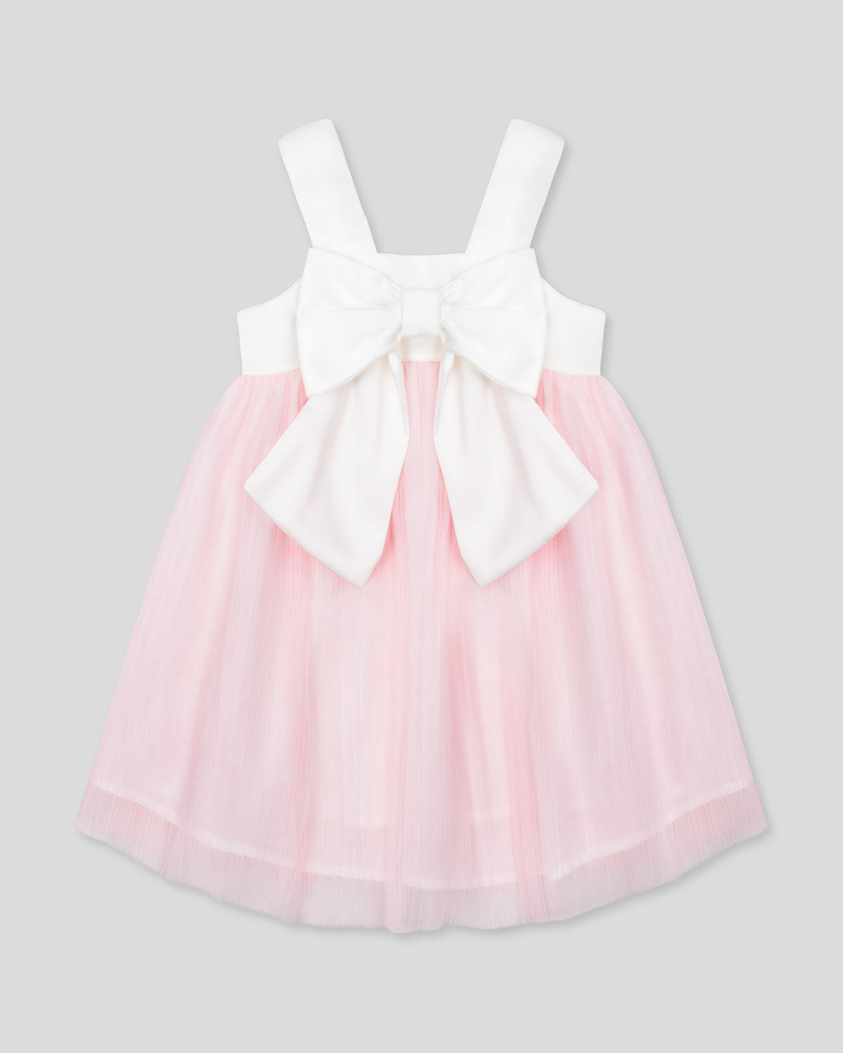 Vestido en satín blanco con moño y tull plisado rosa para niña