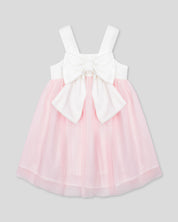 Vestido en satín blanco con moño y tull plisado rosa para niña