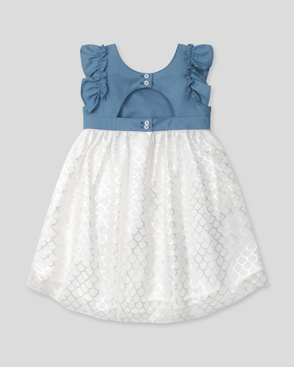 Vestido azul con falda blanca y tul con estampado tornasol para niña