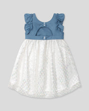 Vestido azul con falda blanca y tul con estampado tornasol para niña