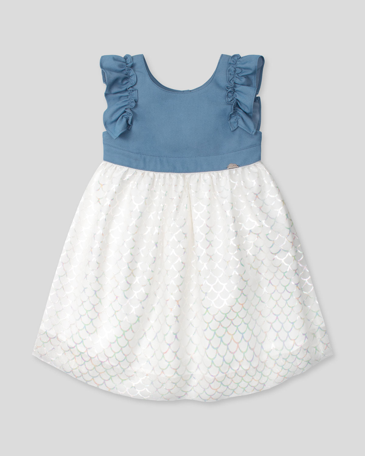 Vestido azul con falda blanca y tul con estampado tornasol para niña