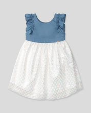 Vestido azul con falda blanca y tul con estampado tornasol para niña