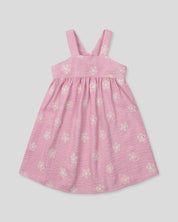 Vestido de tiras en lino rosado con flores y botonadura en espalda para niña