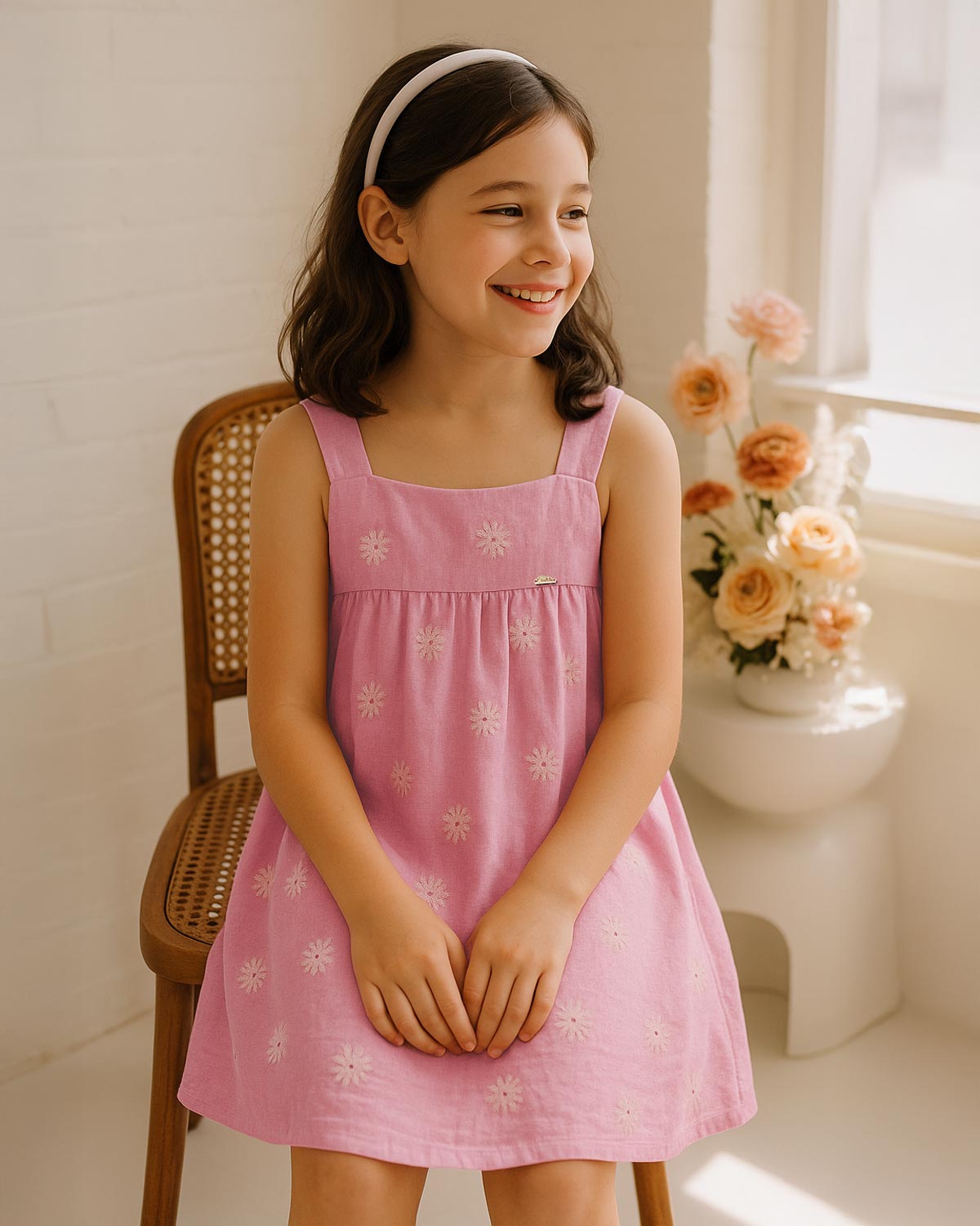 Vestido de tiras en lino rosado con flores y botonadura en espalda para niña