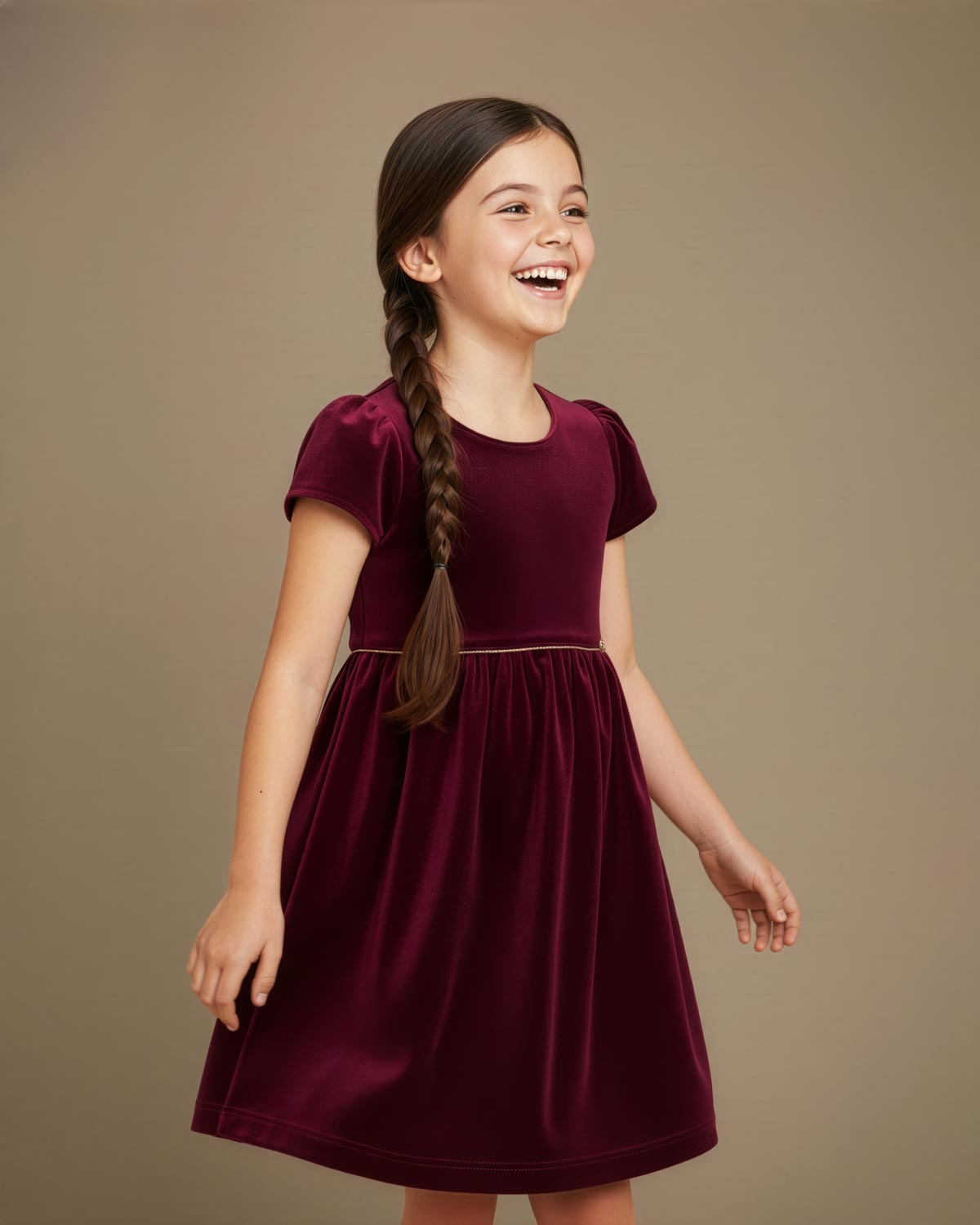 Vestido en velvet vinotinto con botonadura en espalda para niña