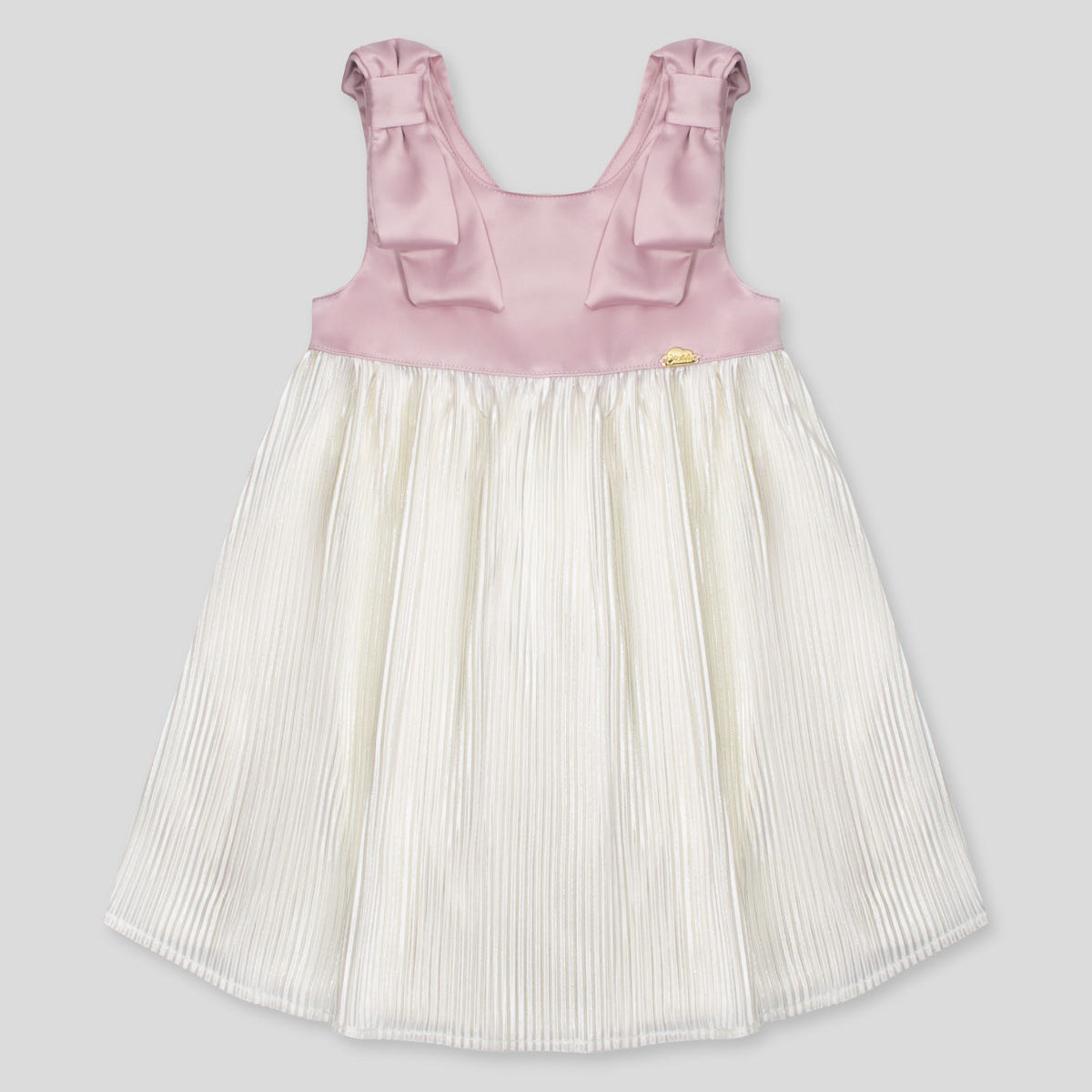 Vestido en satín de tiras con moños y plisado blanco crema para niña
