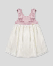 Vestido en satín de tiras con moños y plisado blanco crema para niña