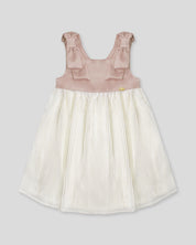 Vestido en satín de tiras con moños y plisado blanco crema para niña