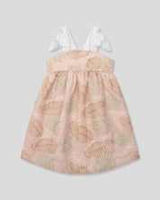 Vestido café con bordado de hojas y tiras blancas con moño para niña