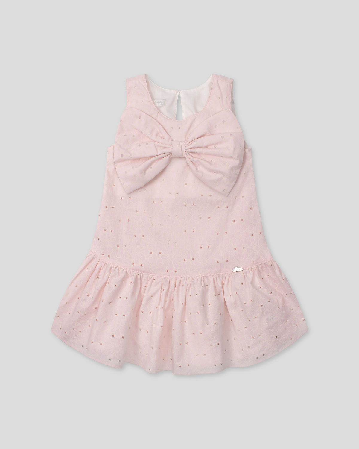 Vestido en tela hoja rota rosa con flores y moño para niña