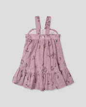 Vestido de tiras lila con tela bordada de flores y moño para niña