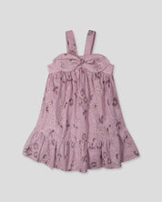 Vestido de tiras lila con tela bordada de flores y moño para niña