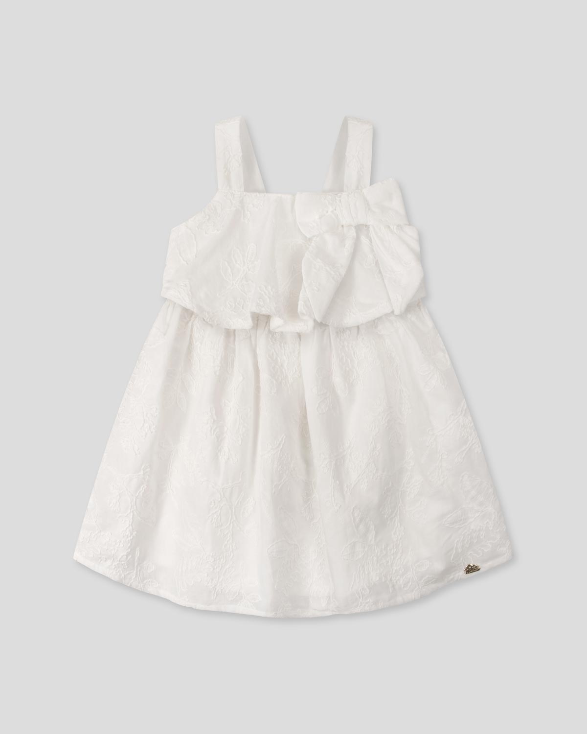 Vestido blanco de tiras con moño y tela bordada para niña