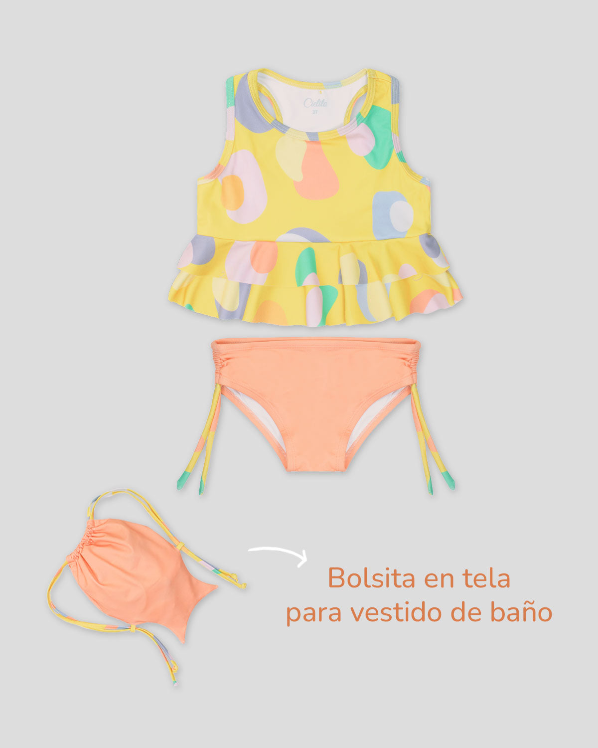 Vestido de baño estampado de dos piezas con bolsita en tela para niña