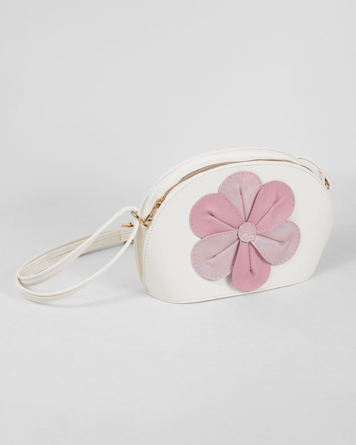 Bolso blanco con flor rosa tornasol para niña