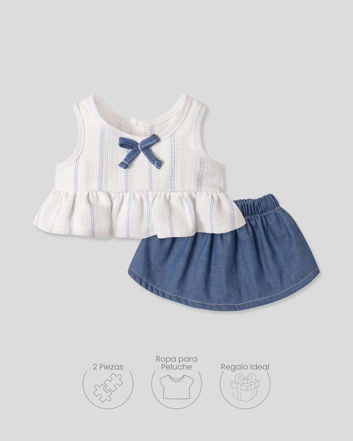Conjunto blusa blanca con moñito y falda azul para peluche