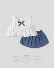 Conjunto blusa blanca con moñito y falda azul para peluche