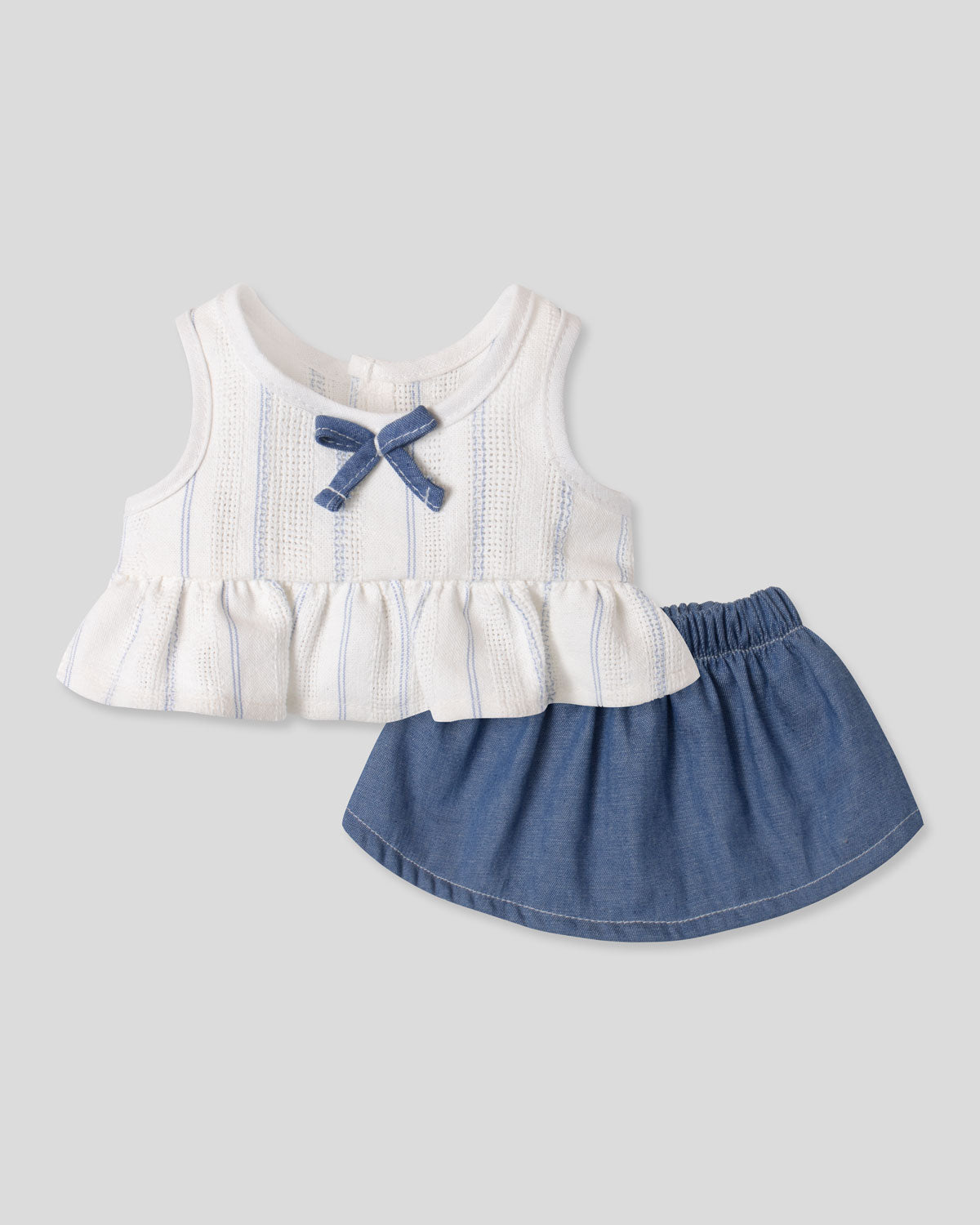 Conjunto blusa blanca con moñito y falda azul para peluche