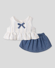 Conjunto blusa blanca con moñito y falda azul para peluche