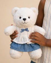 Conjunto blusa blanca con moñito y falda azul para peluche