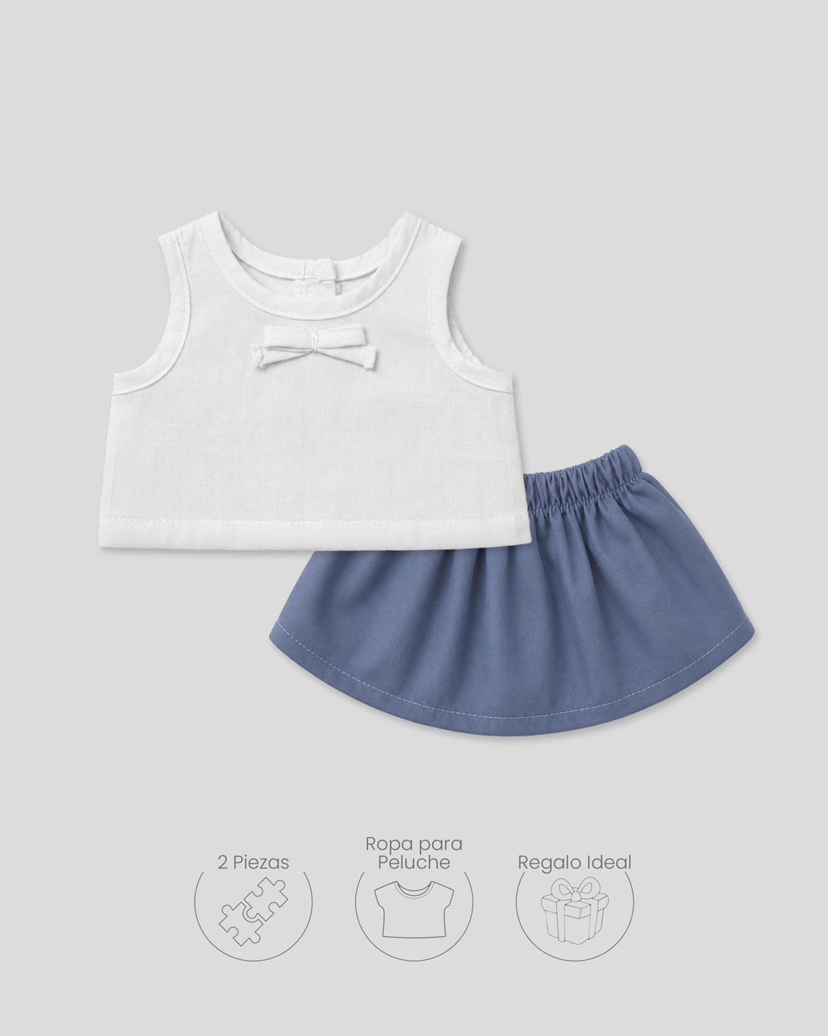Conjunto blanco y falda azul para peluche