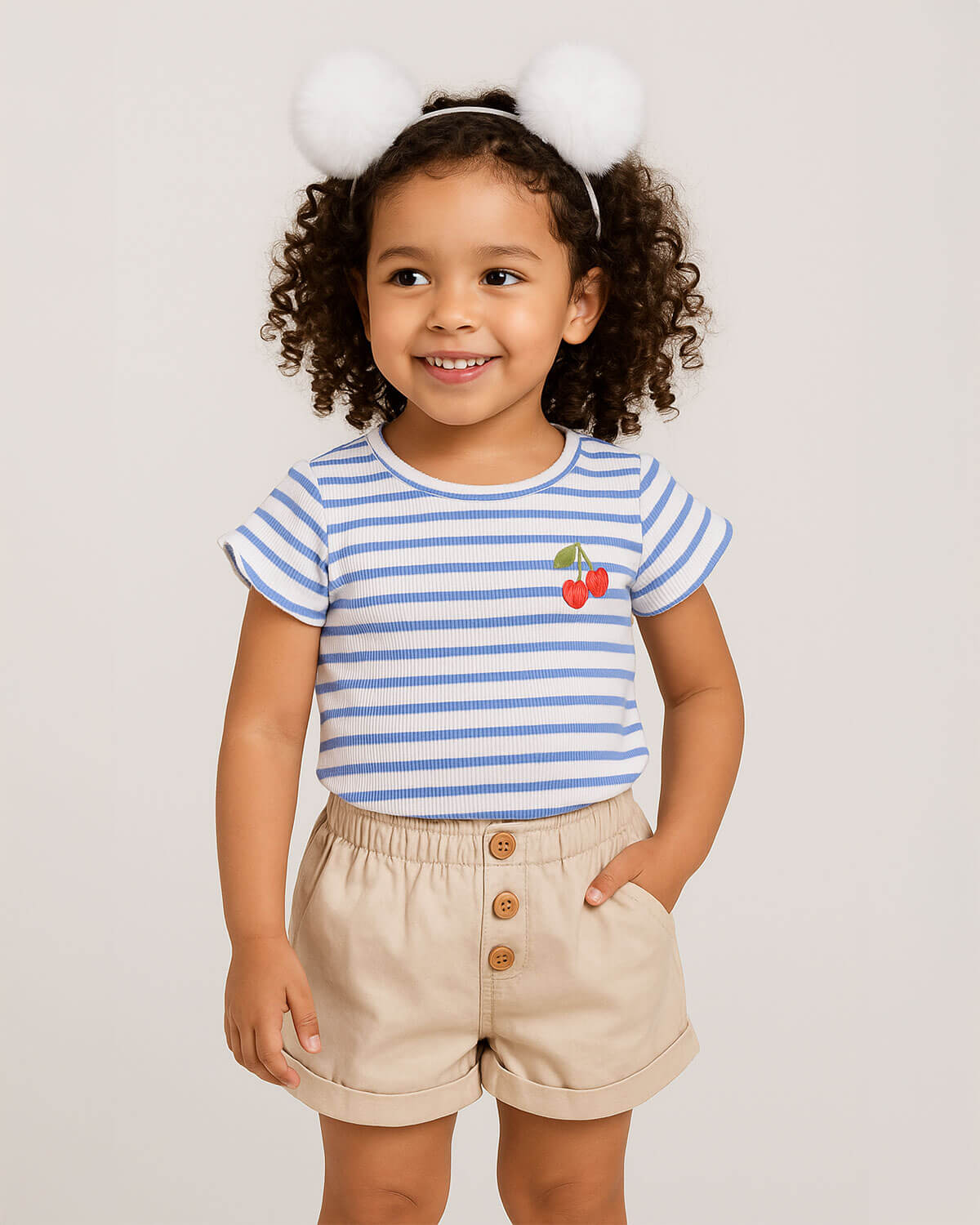 Total look con diadema, camisa azul y short para niña.