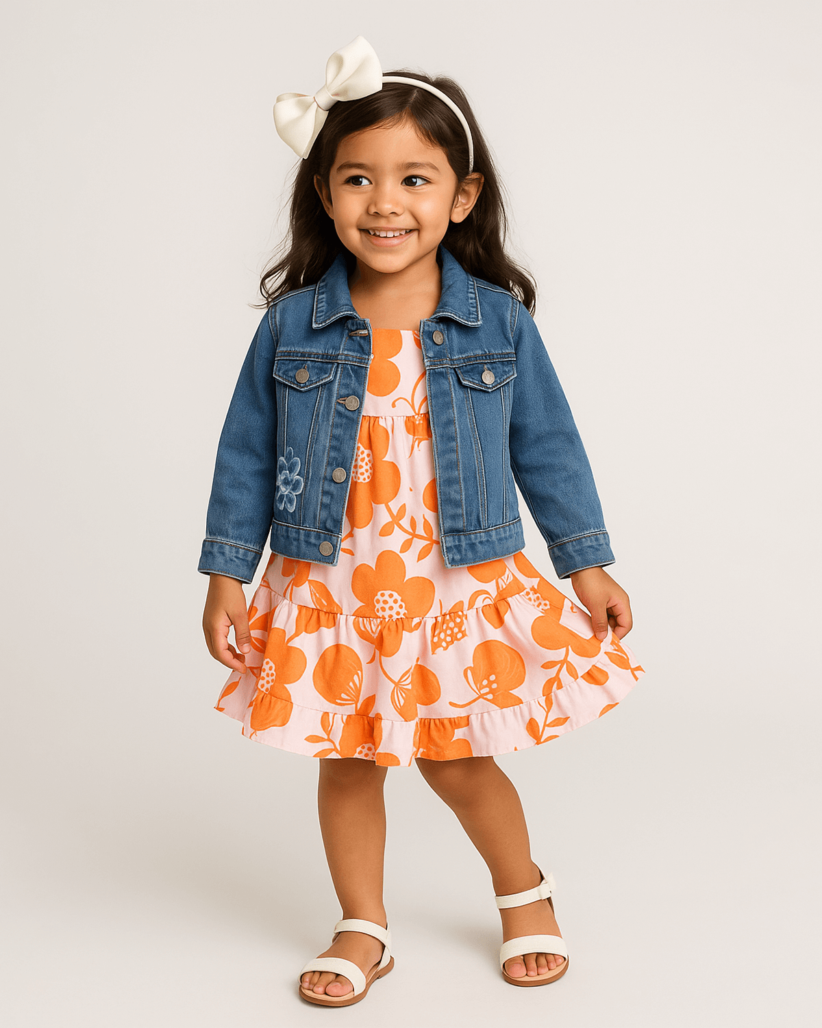 Total look con diadema, chaqueta y vestido para niña.