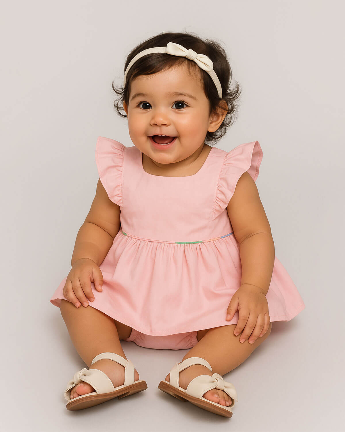 Total look de vestido rosa, balacas y sandalias para bebé niña.