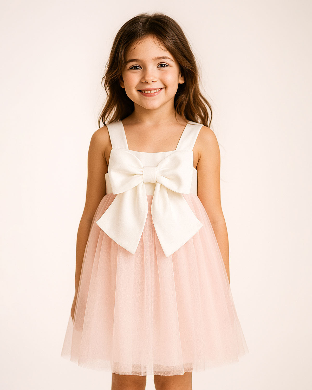 Vestido en satín blanco con moño y tull plisado rosa para niña
