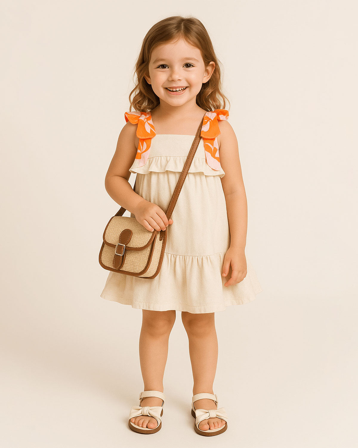 Total look con bolso, vestido y sandalias para niña.