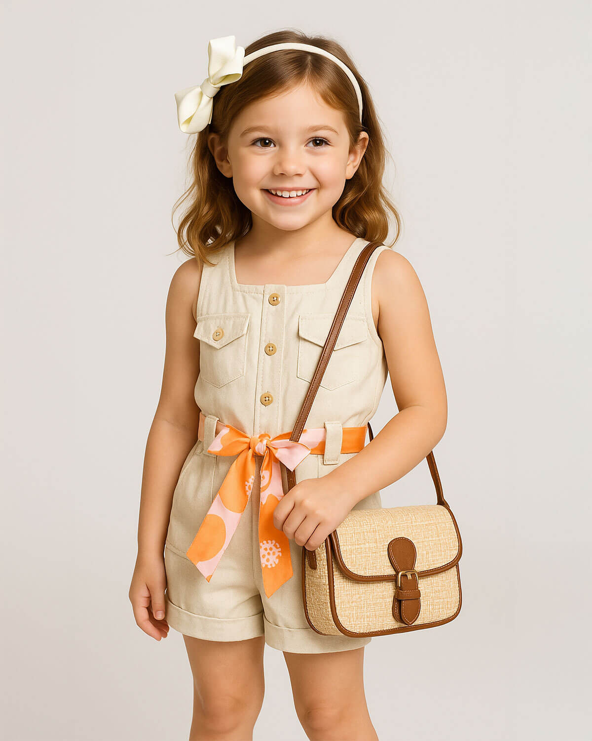 Total look con diadema, bolso y enterizo para niña.