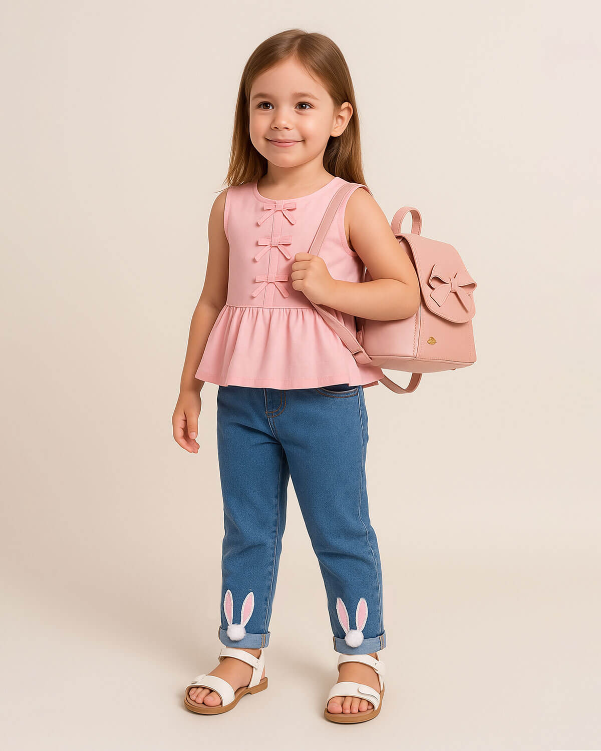 Total look de bolso, blusa y jean para niña.