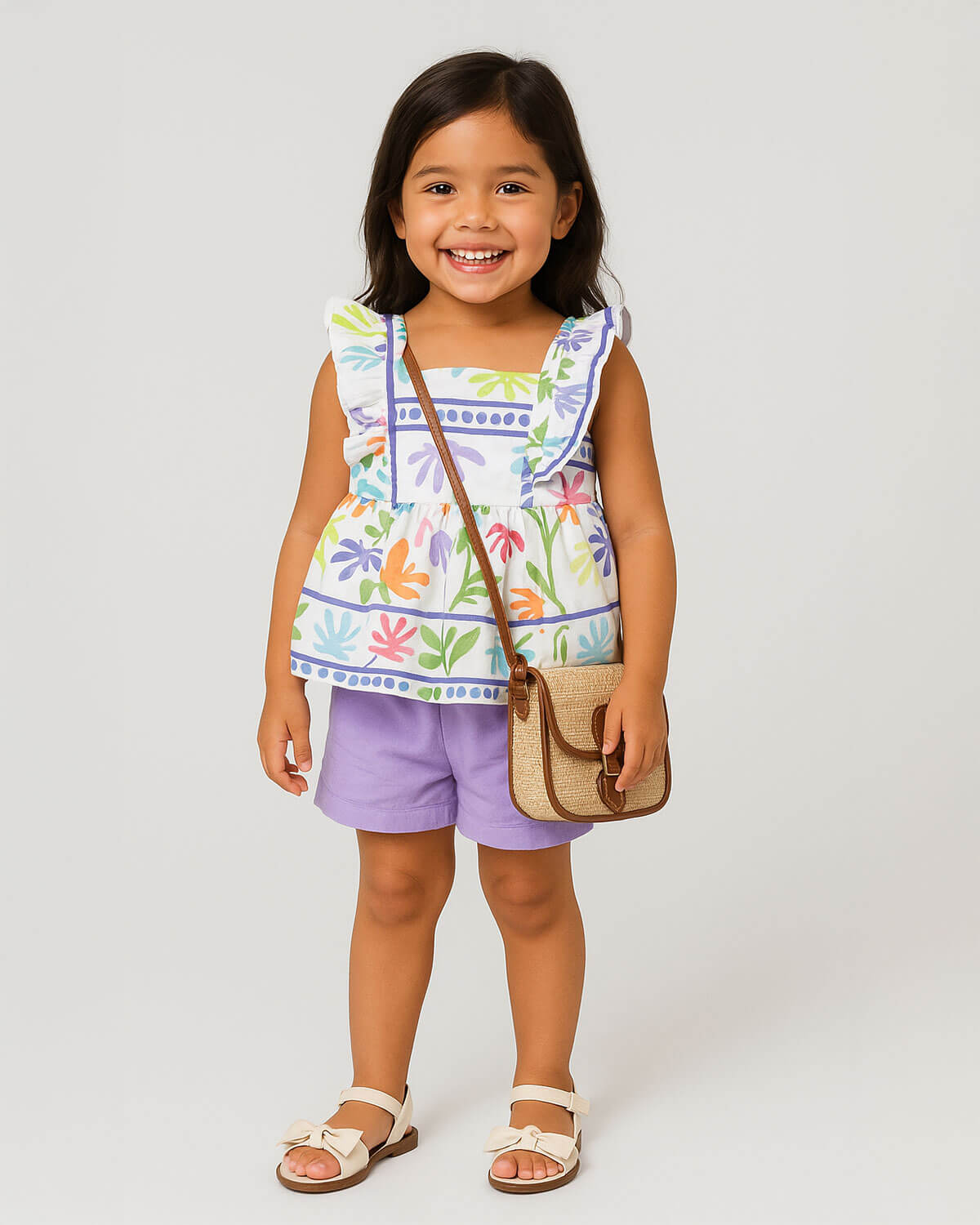 Total look de conjunto, bolso y sandalias para niña.