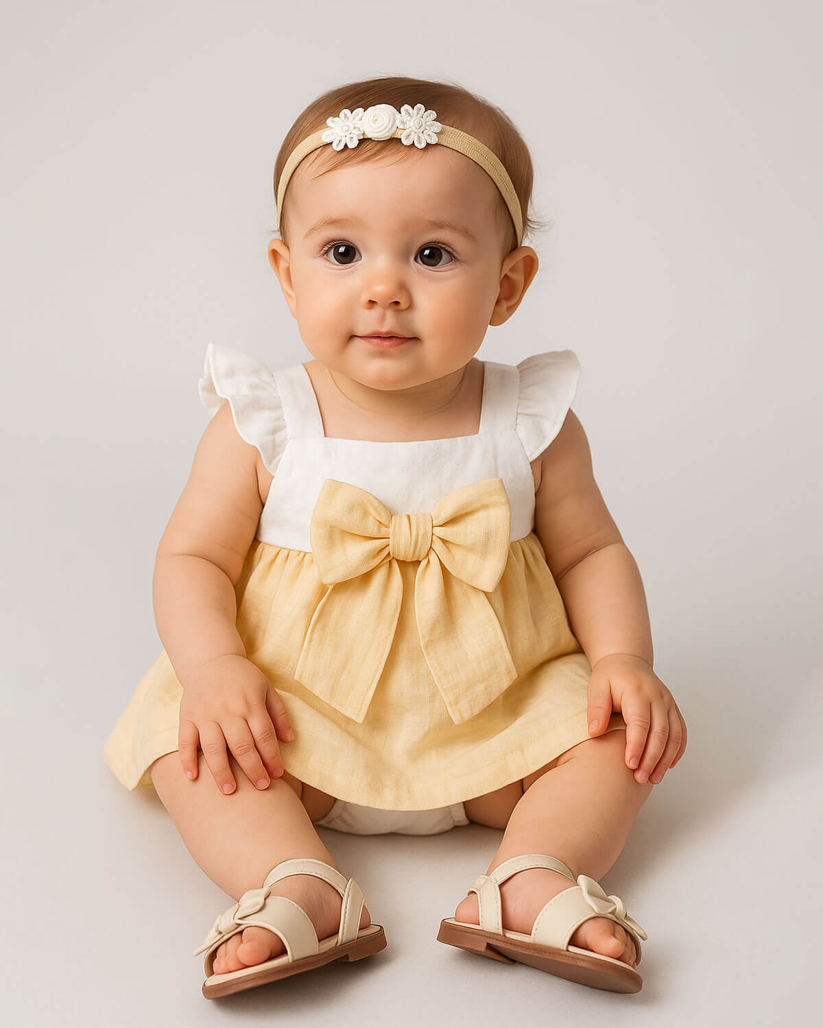 Total look de balacas, vestido body y sandalias para bebé niña.