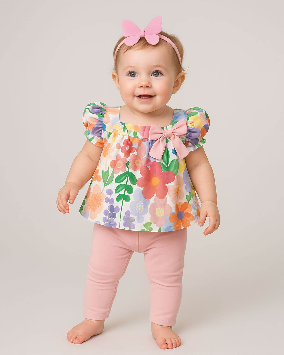 Total look de conjunto de flores y set de balacas para bebé niña.