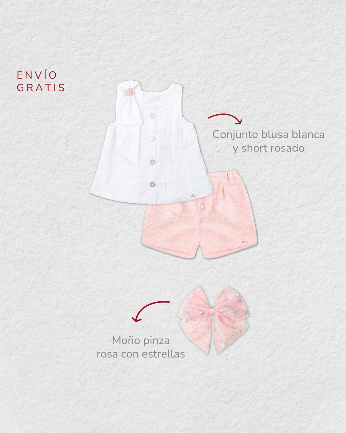 Total look con conjunto y moño pinza rosa para niña