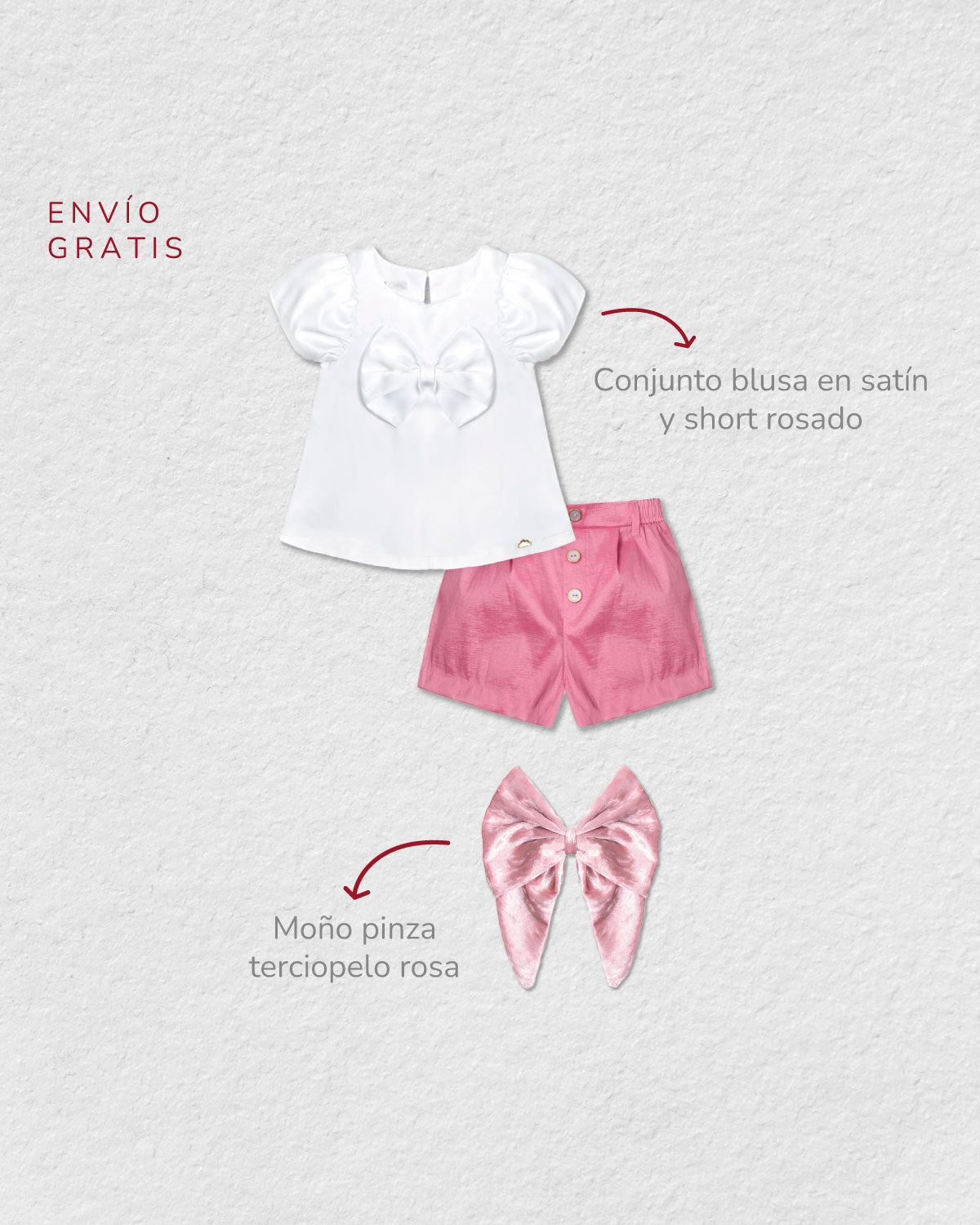 Total look con conjunto y moño pinza rosa para niña