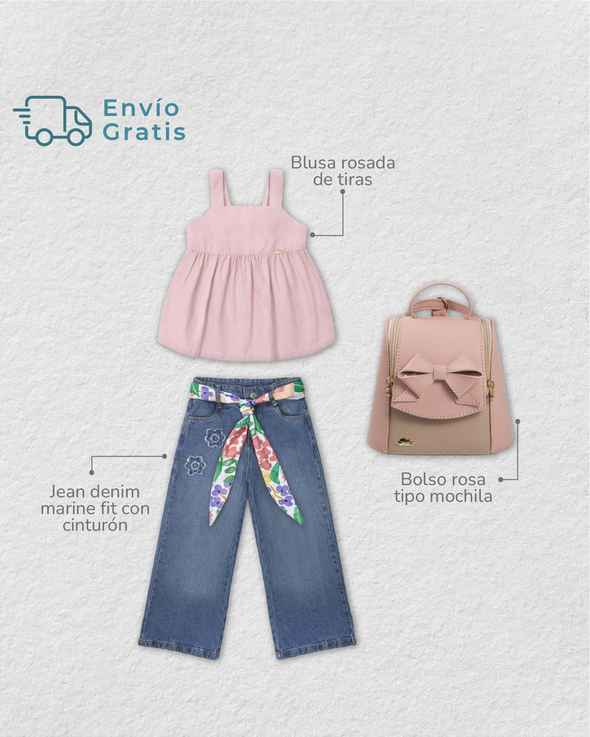 Total look con bolso, blusa y jean para niña.