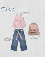 Total look con bolso, blusa y jean para niña.