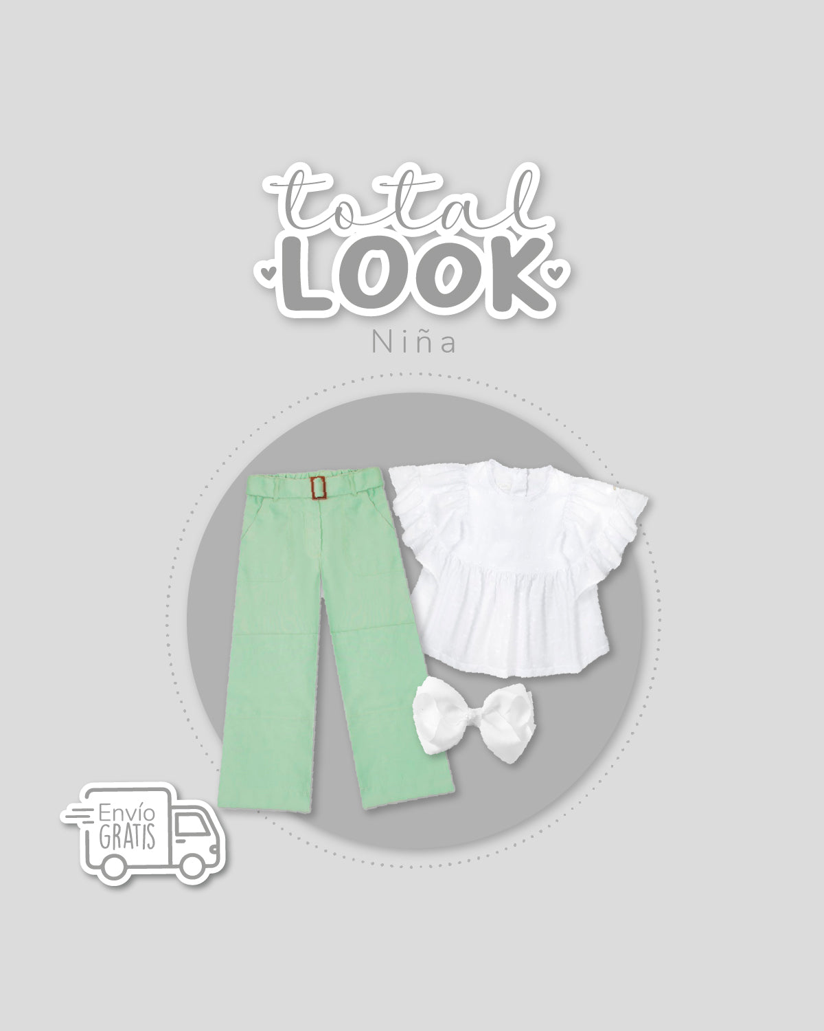 Total look con moño, blusa y pantalón para niña