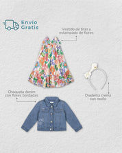 Total look con diadema, chaqueta y vestido de flores para niña.