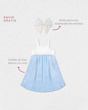 Total look con moño y vestido azul para niña