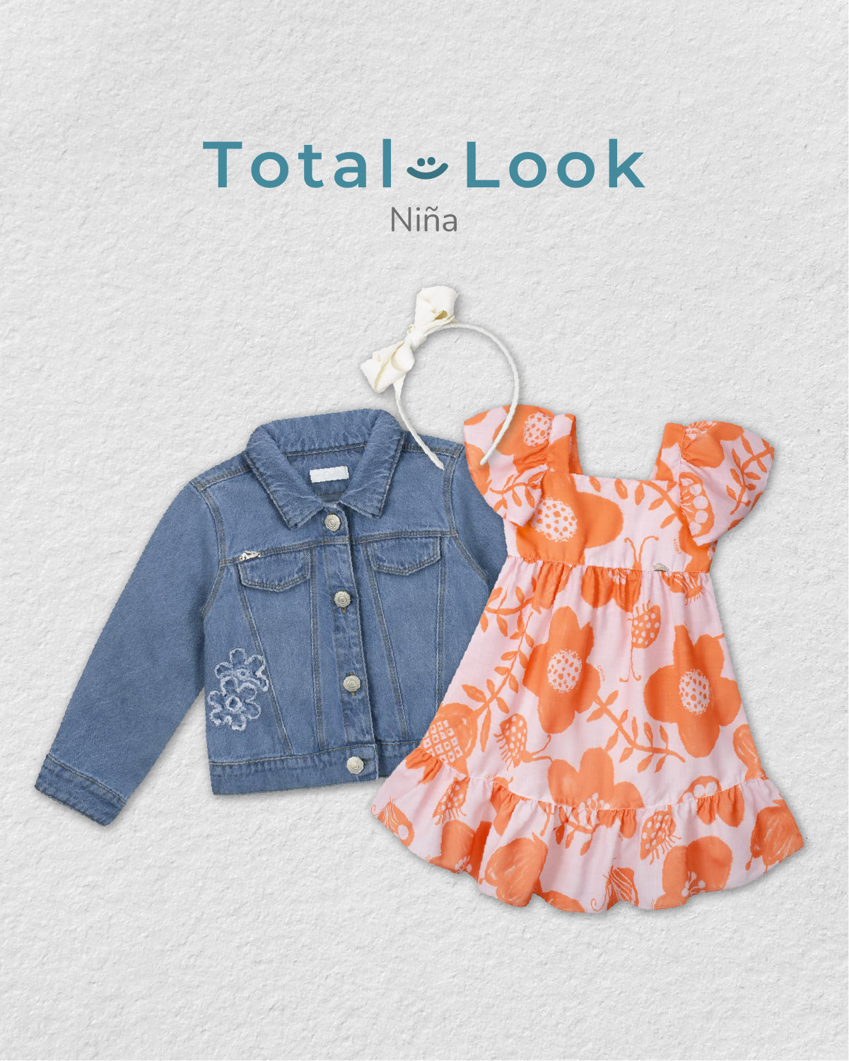 Total look con diadema, chaqueta y vestido para niña.