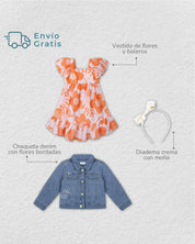 Total look con diadema, chaqueta y vestido para niña.