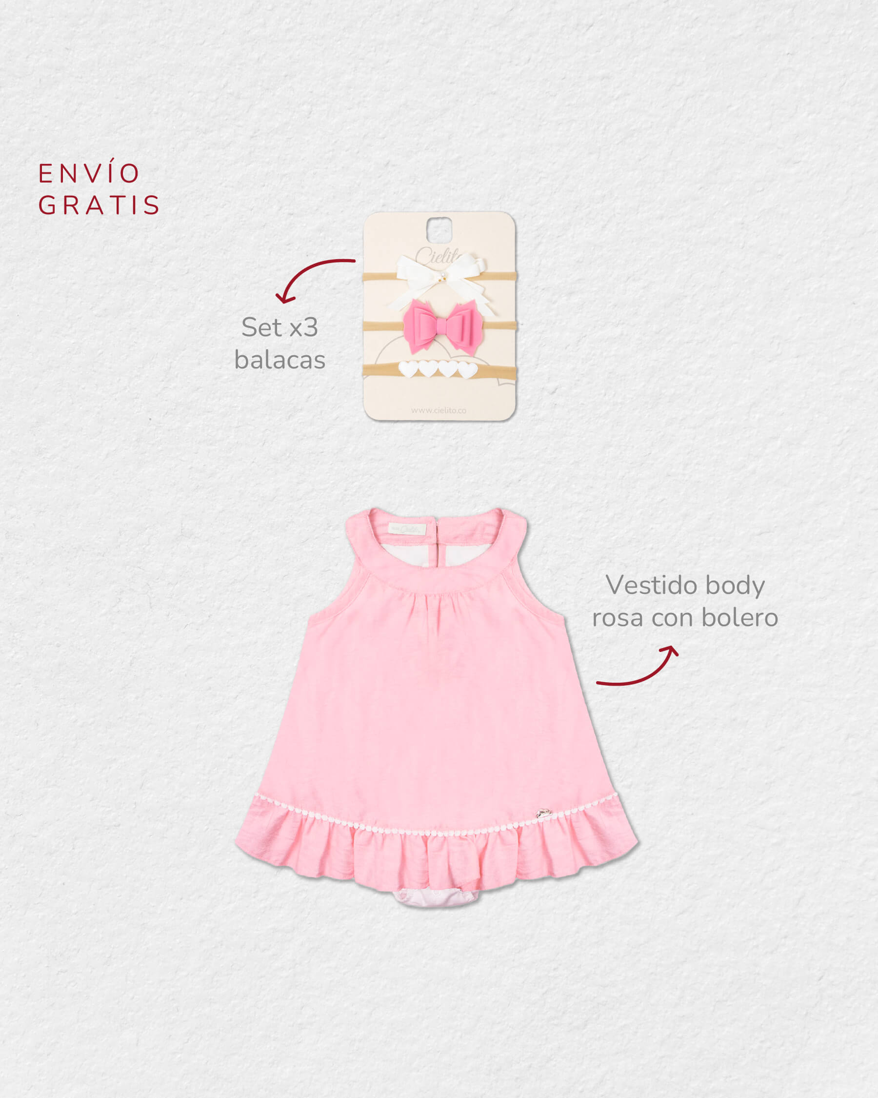 Total look vestido body rosa con balacas para bebé niña