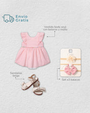 Total look de vestido rosa, balacas y sandalias para bebé niña.