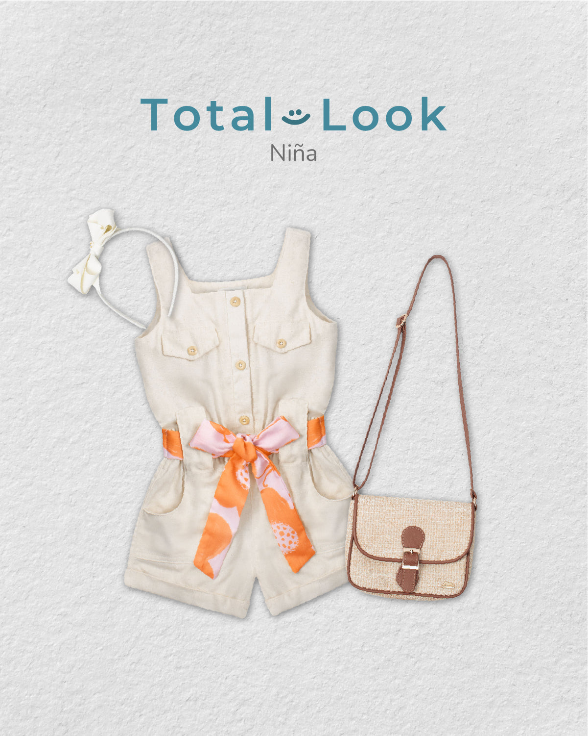 Total look con diadema, bolso y enterizo para niña.